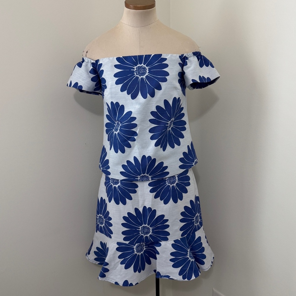 Hutch XS / 4 Blue Floral Top & Skirt SET ~ Off Shoulder Preppy Beach Vacation